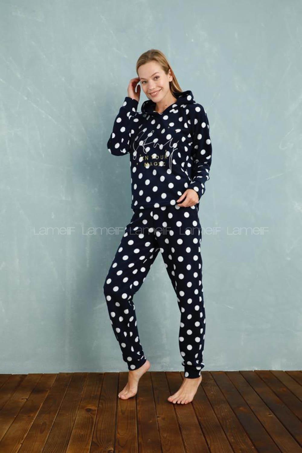 Modalamelif Puantiyer Desenli Kapüşonlu Takım Lacivert