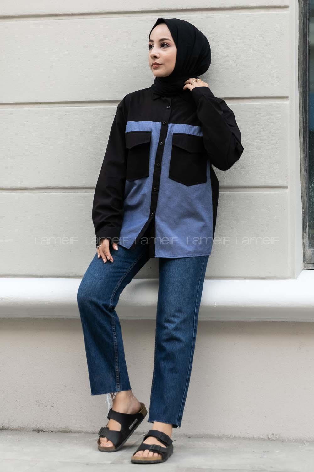 Modalamelif Renk Garnili Çift Kapak Cepli Gömlek Siyah