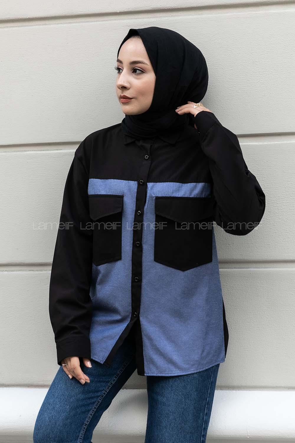 Modalamelif Renk Garnili Çift Kapak Cepli Gömlek Siyah