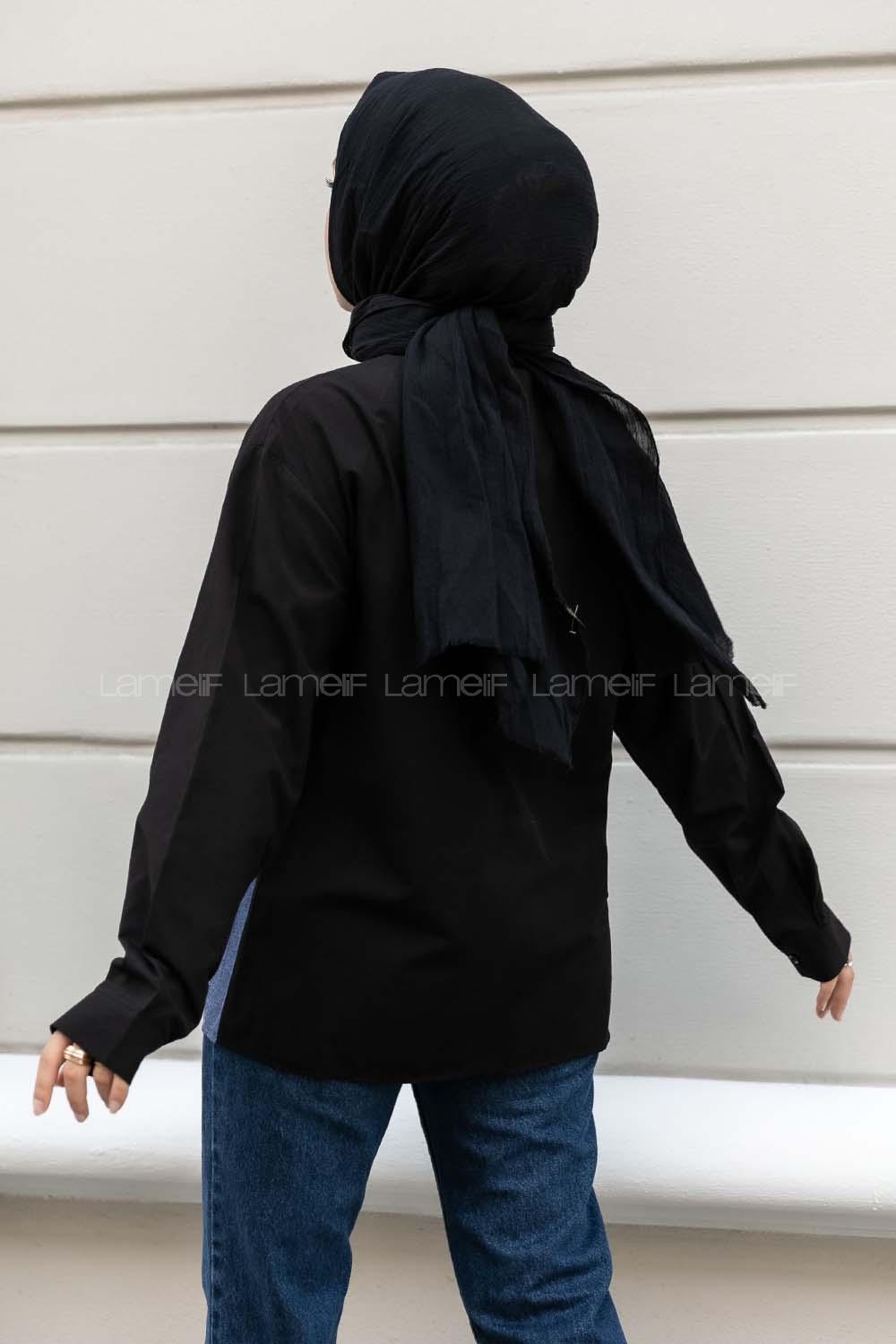 Modalamelif Renk Garnili Çift Kapak Cepli Gömlek Siyah