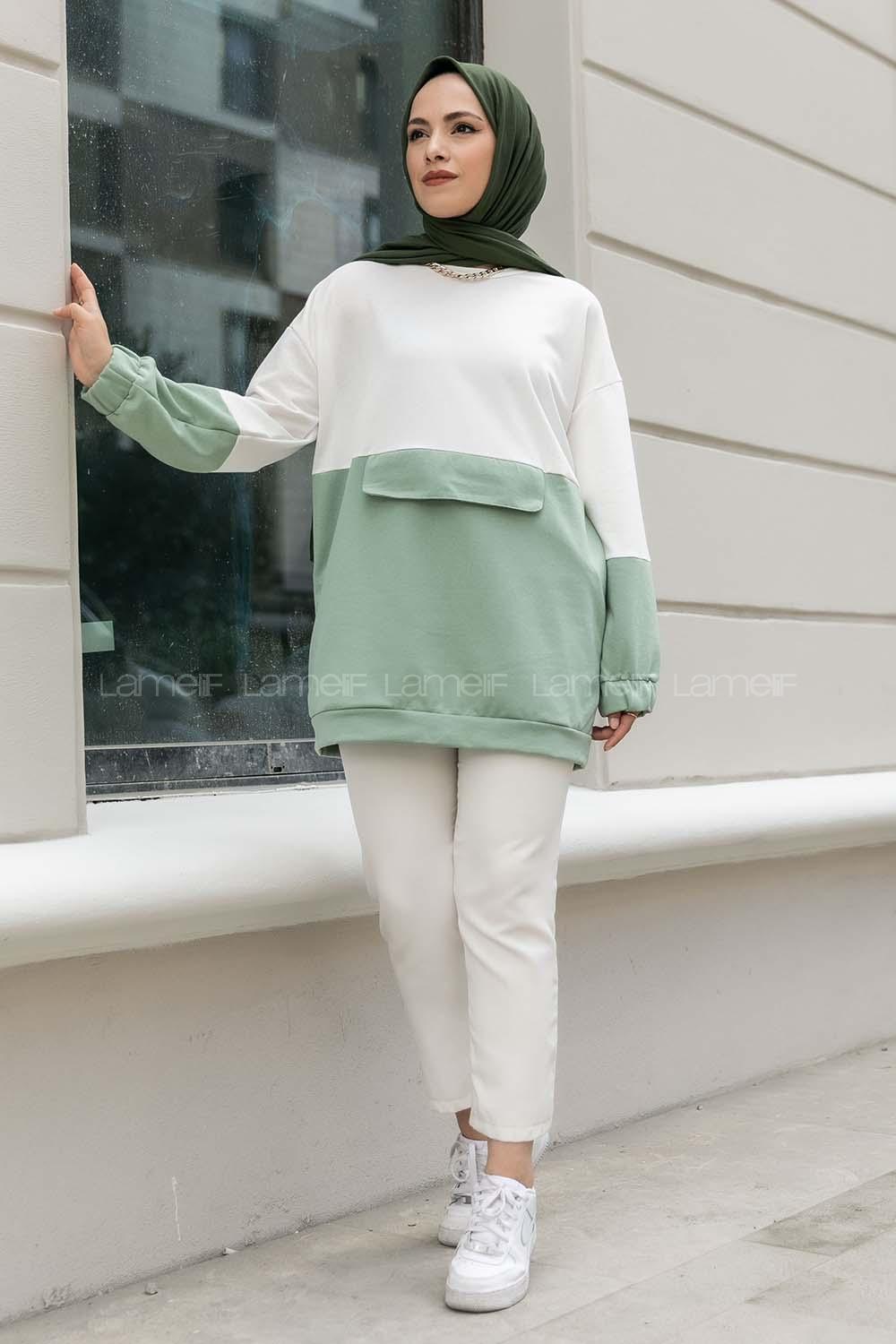 Modalamelif Renk Garnili Kol Lastikli Sweat Çağla Yeşili