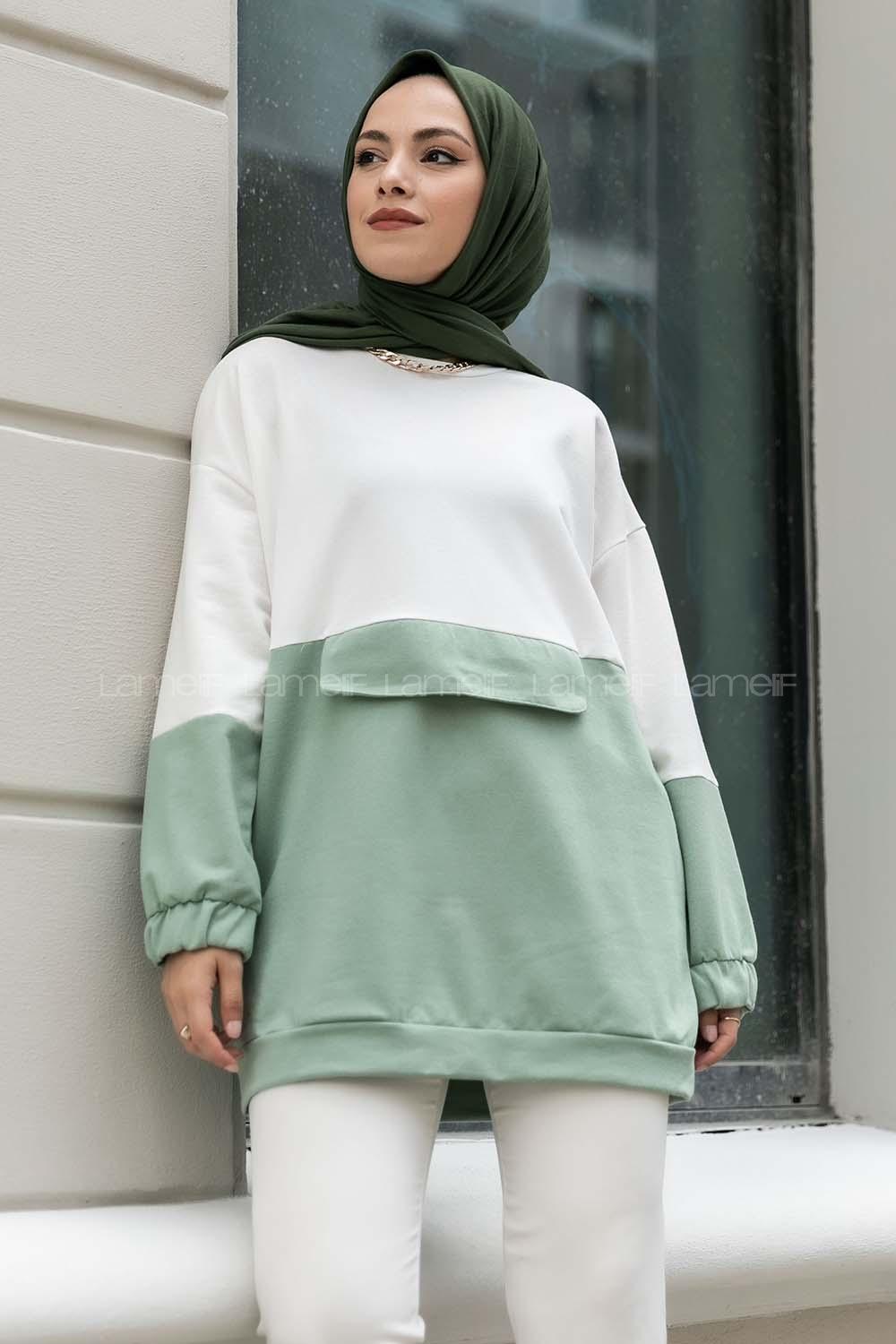 Modalamelif Renk Garnili Kol Lastikli Sweat Çağla Yeşili