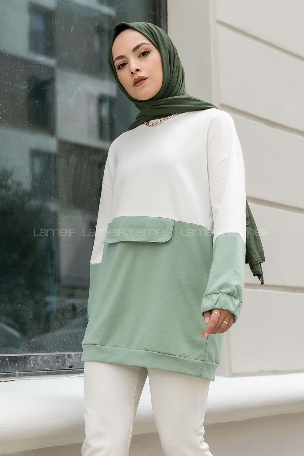 Modalamelif Renk Garnili Kol Lastikli Sweat Çağla Yeşili