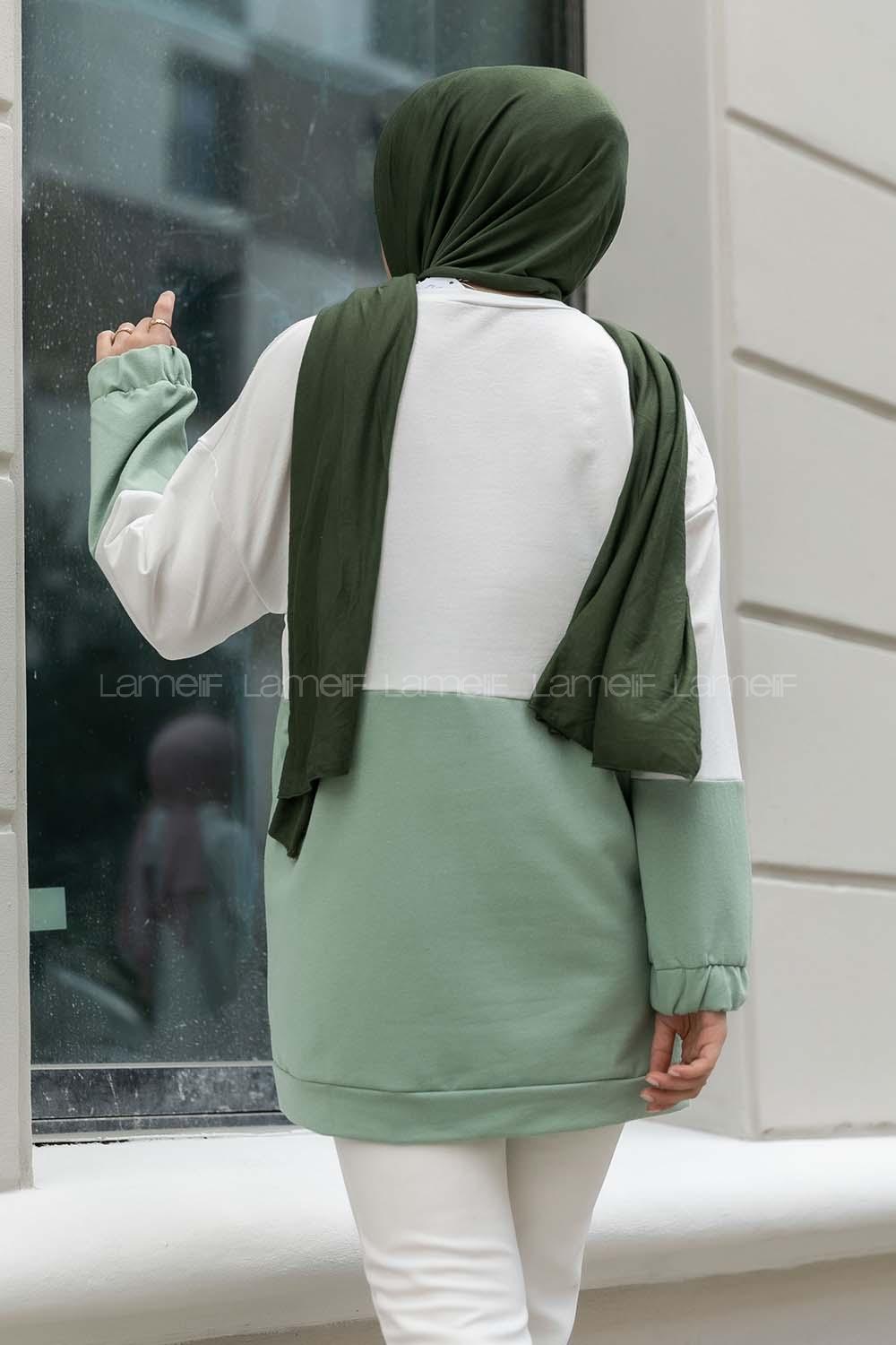 Modalamelif Renk Garnili Kol Lastikli Sweat Çağla Yeşili