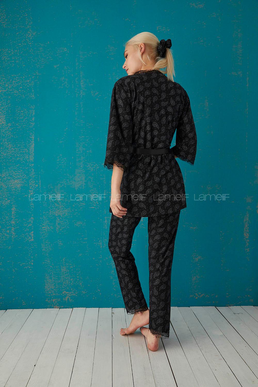 Modalamelif Şal Desenli 3 Lü Süet Takım Siyah