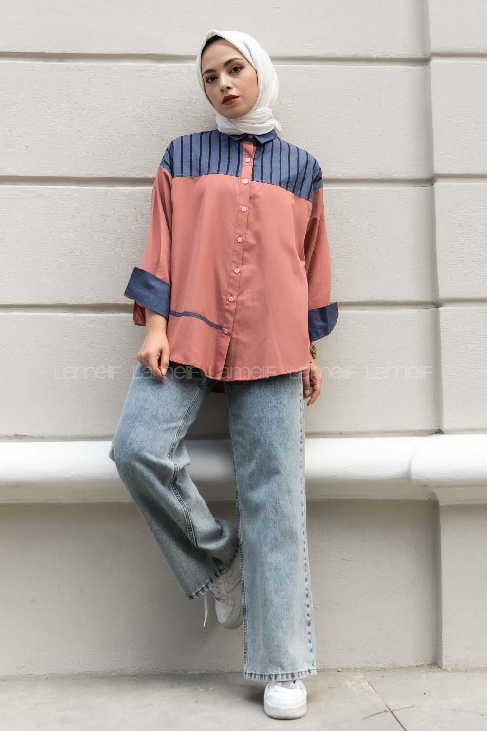 Modalamelif Şerit Çizgi Desenli Önü Boydan Düğmeli  Gömlek Gül