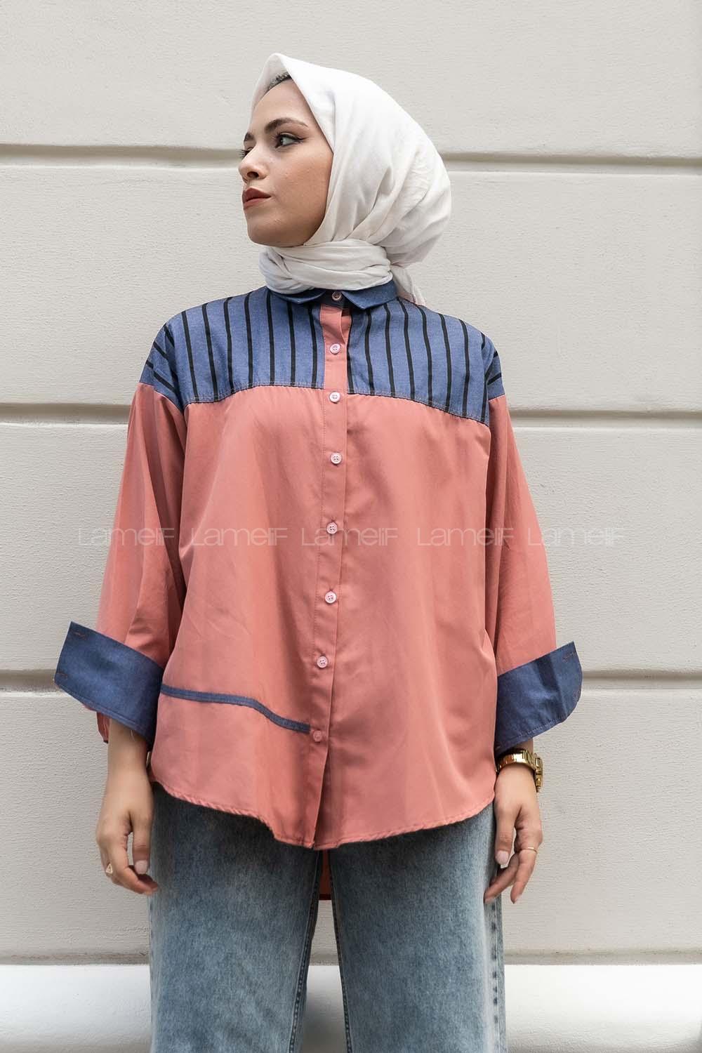 Modalamelif Şerit Çizgi Desenli Önü Boydan Düğmeli  Gömlek Gül