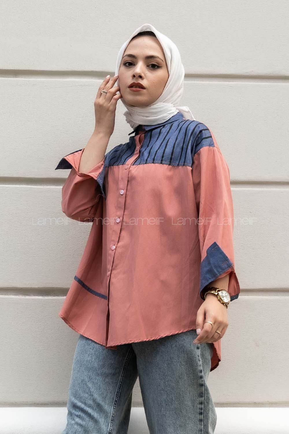 Modalamelif Şerit Çizgi Desenli Önü Boydan Düğmeli  Gömlek Gül