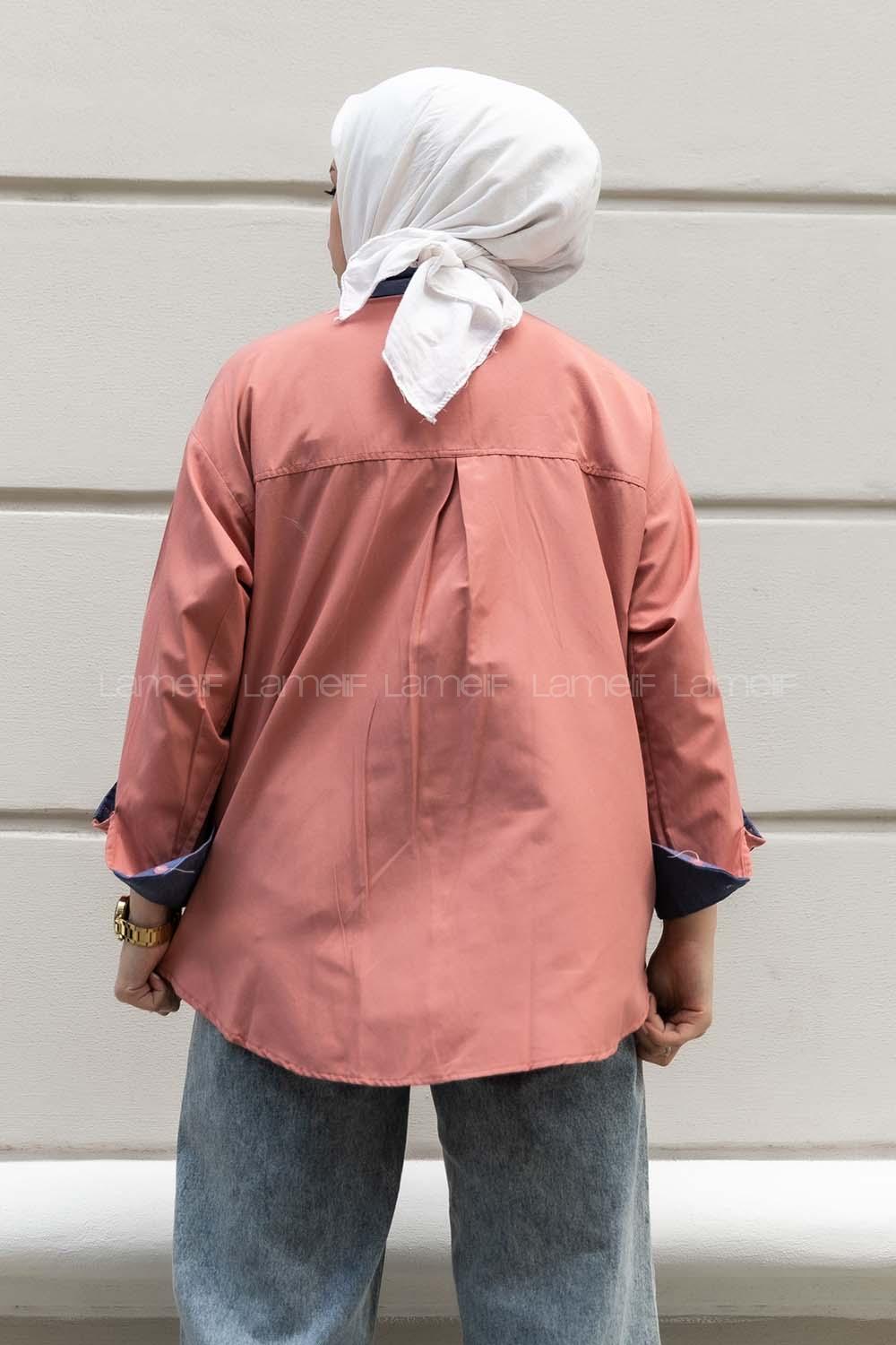 Modalamelif Şerit Çizgi Desenli Önü Boydan Düğmeli  Gömlek Gül