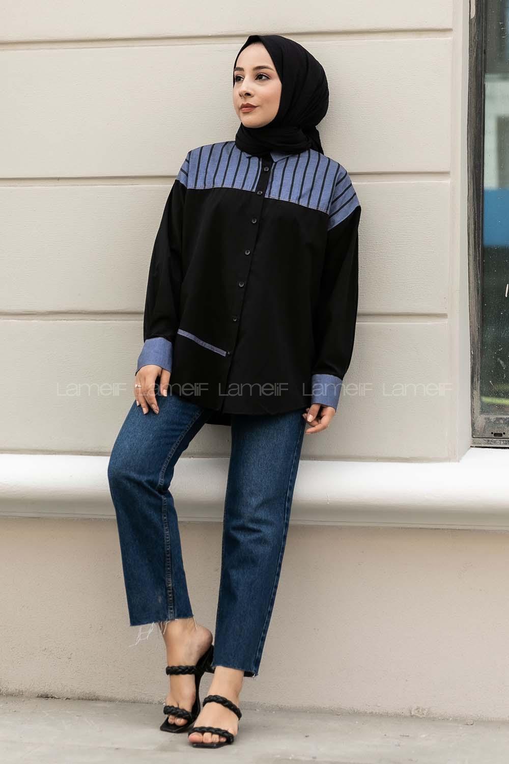 Modalamelif Şerit Çizgi Desenli Önü Boydan Düğmeli  Gömlek Siyah