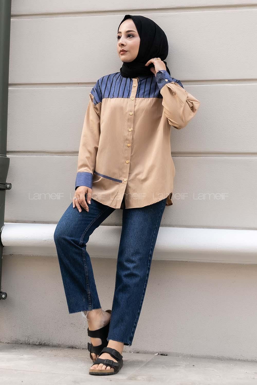 Modalamelif Şerit Çizgi Desenli Önü Boydan Düğmeli  Gömlek Sütlükahve