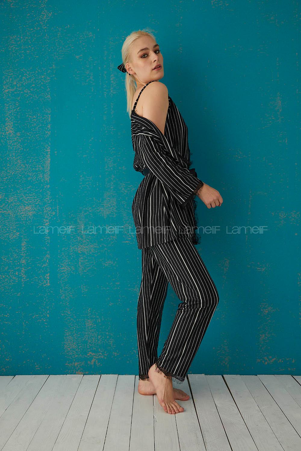 if Siyah Beyaz Çizgili 3 Lü Süet Takım