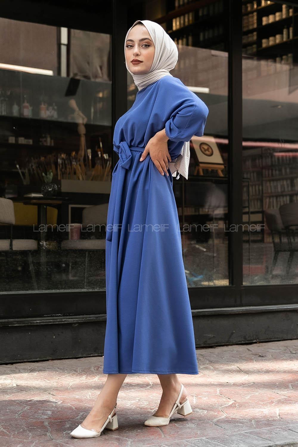 Modalamelif Yara_sa Kol Beli Kuşaklı Elbise İndigo