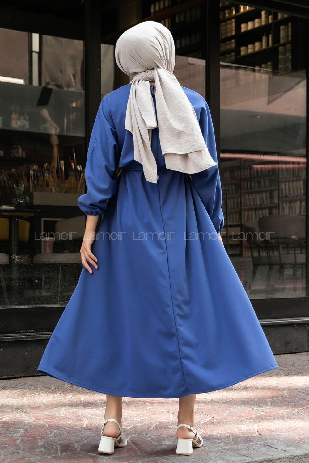 Modalamelif Yara_sa Kol Beli Kuşaklı Elbise İndigo