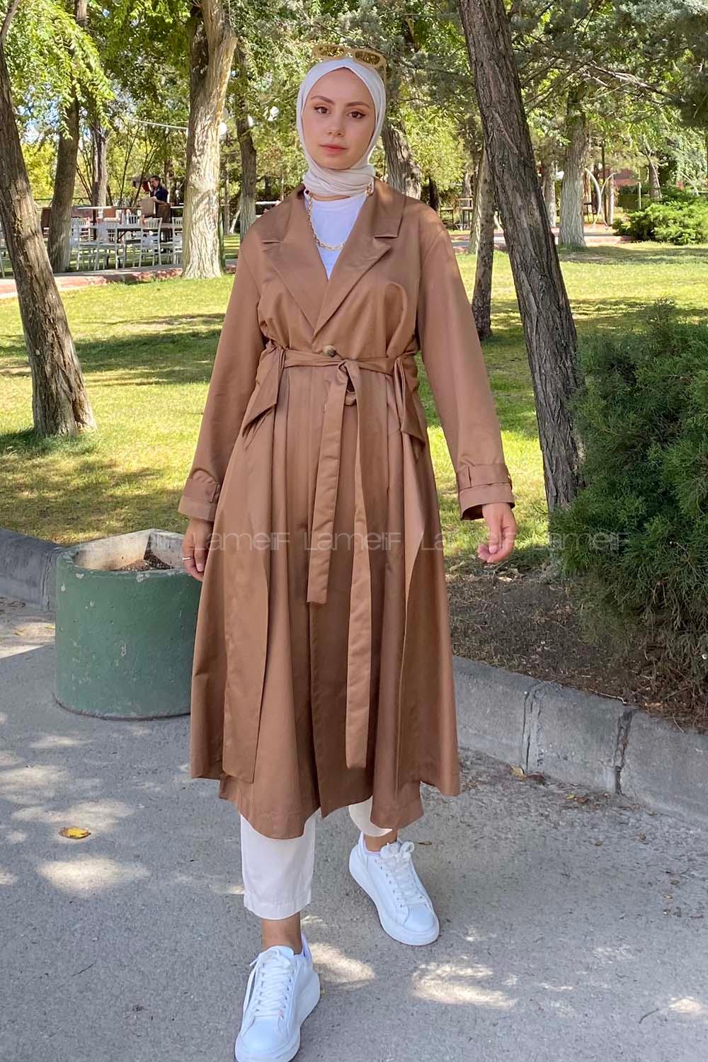 Modalamelif Beli Kuşak Bağlamalı Düğme Detaylı Trenç Camel