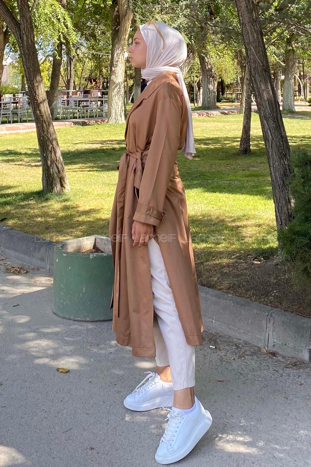 Modalamelif Beli Kuşak Bağlamalı Düğme Detaylı Trenç Camel