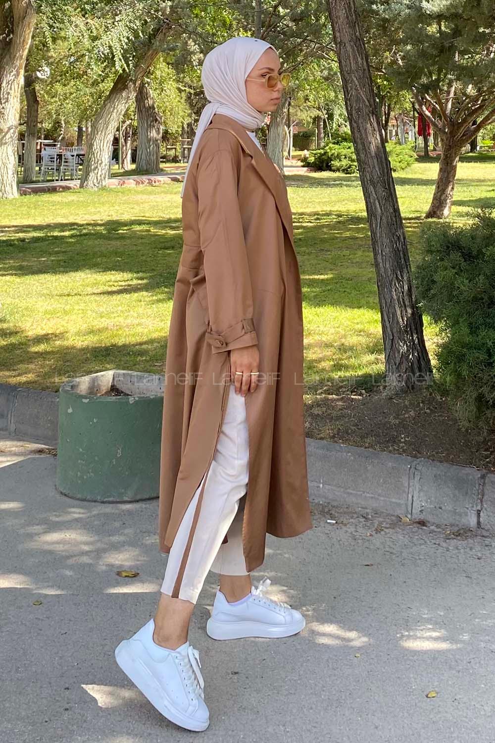 Modalamelif Beli Kuşak Bağlamalı Düğme Detaylı Trenç Camel