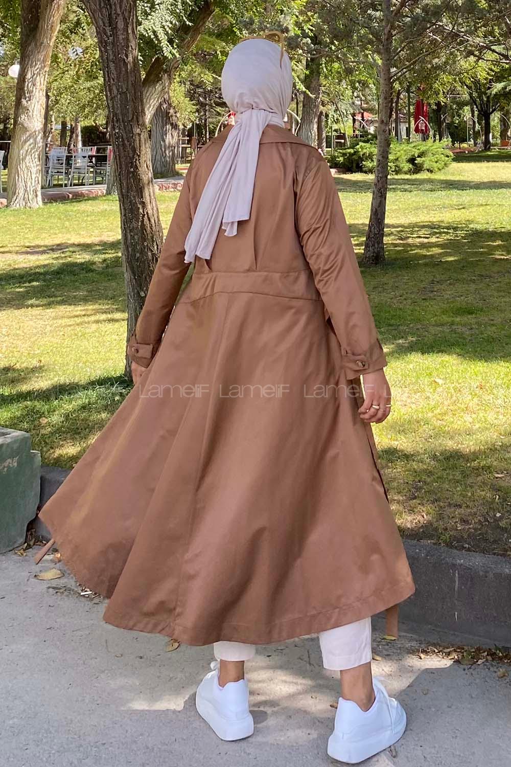 Modalamelif Beli Kuşak Bağlamalı Düğme Detaylı Trenç Camel