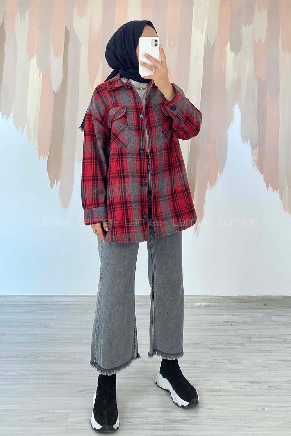 Modalamelif Çift Kapak Cepli Önü Boydan Düğmeli Oduncu Gömlek Kırmızı