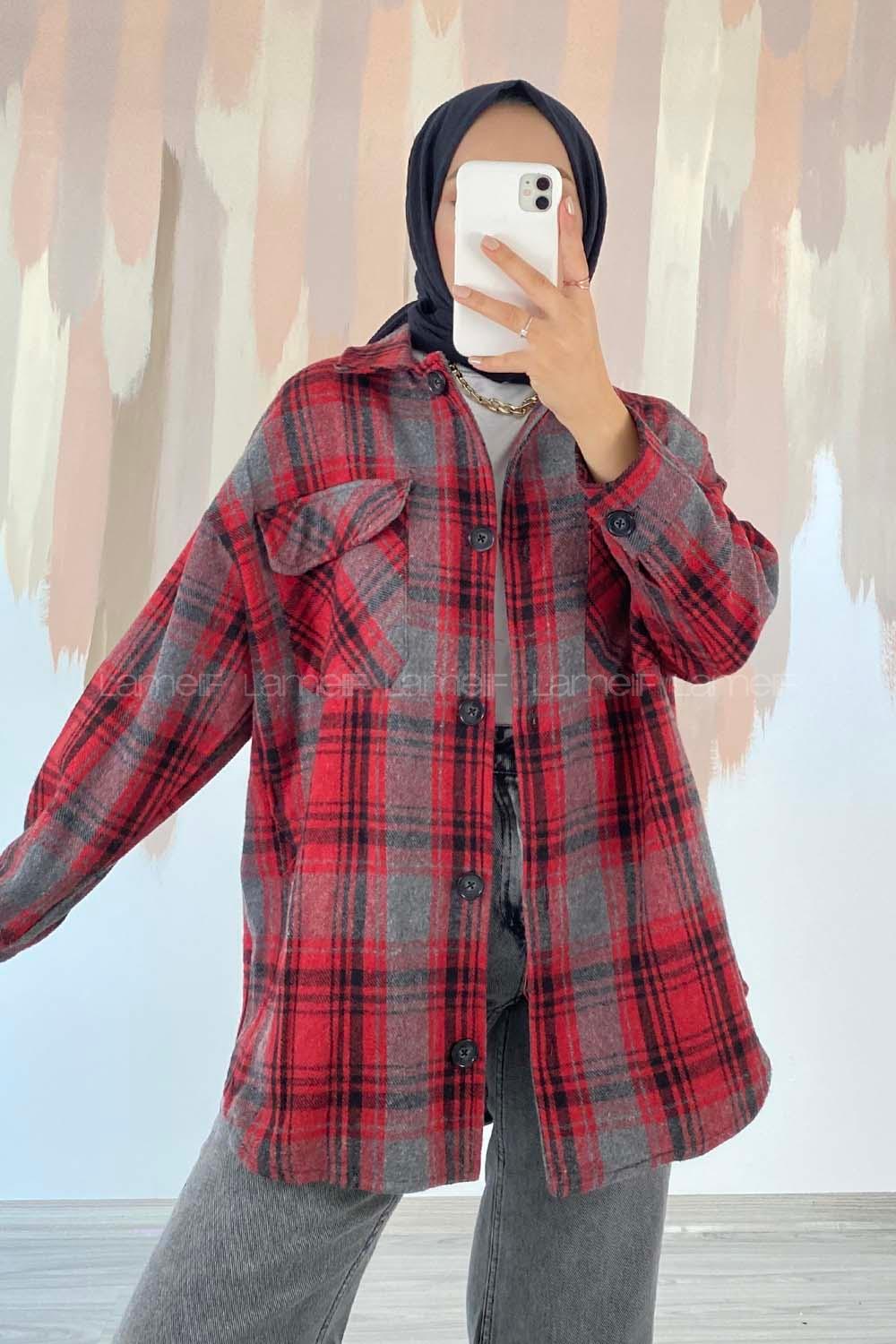 Modalamelif Çift Kapak Cepli Önü Boydan Düğmeli Oduncu Gömlek Kırmızı