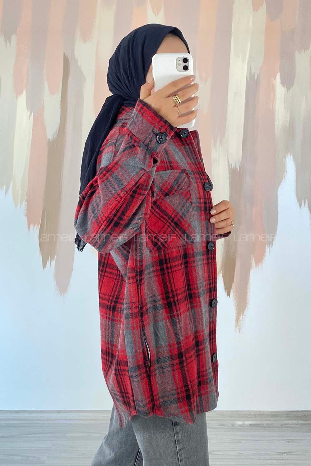 Modalamelif Çift Kapak Cepli Önü Boydan Düğmeli Oduncu Gömlek Kırmızı