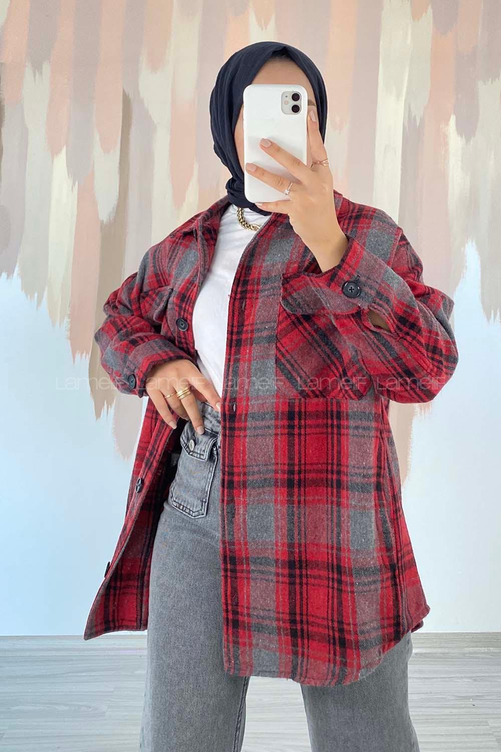 Modalamelif Çift Kapak Cepli Önü Boydan Düğmeli Oduncu Gömlek Kırmızı