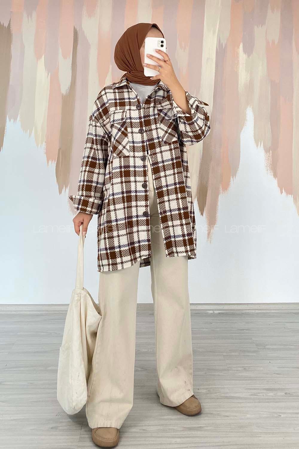 Modalamelif Ekose Desen Çift Cepli Önü Boydan Düğmeli Ceket Kahverengi