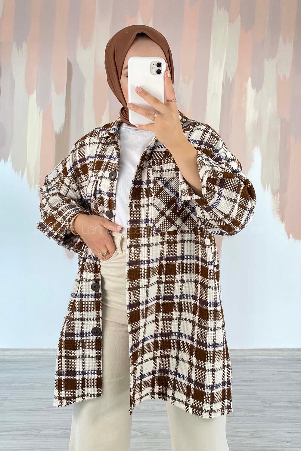 Modalamelif Ekose Desen Çift Cepli Önü Boydan Düğmeli Ceket Kahverengi