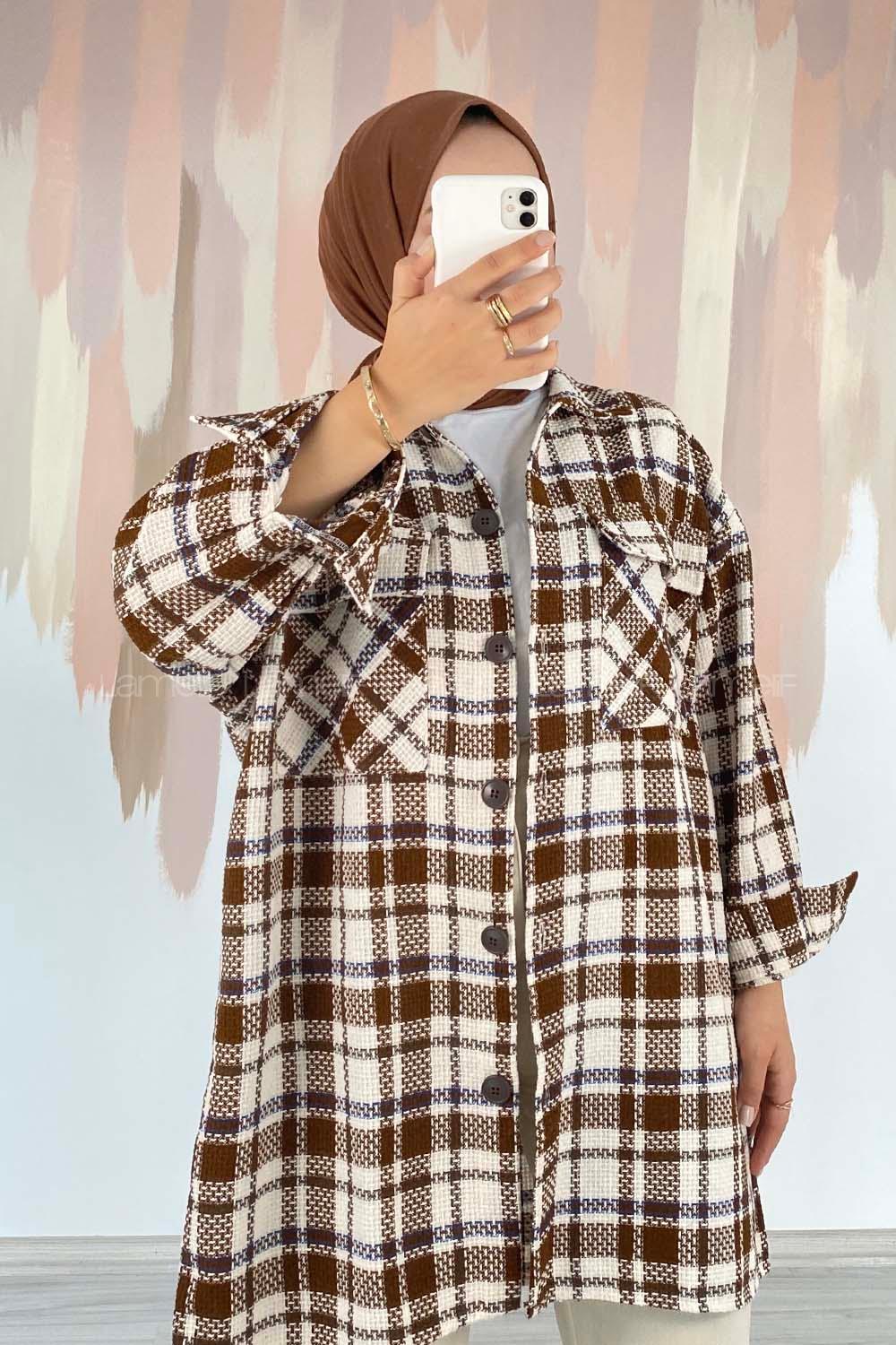 Modalamelif Ekose Desen Çift Cepli Önü Boydan Düğmeli Ceket Kahverengi