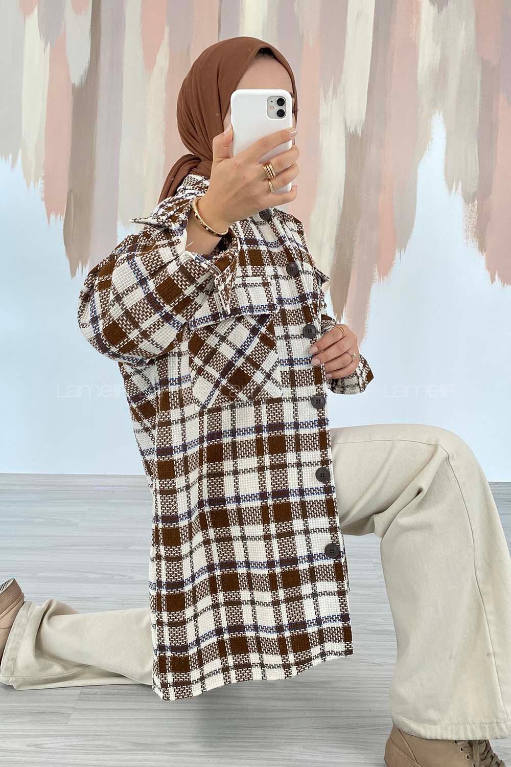 Modalamelif Ekose Desen Çift Cepli Önü Boydan Düğmeli Ceket Kahverengi