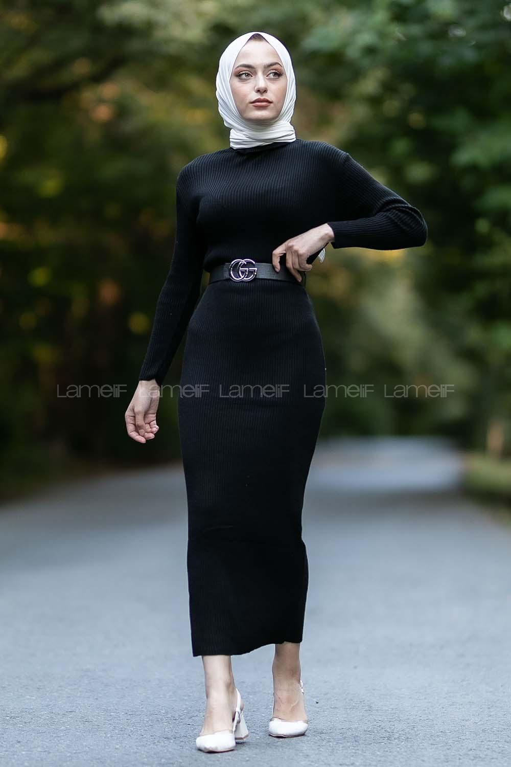 Modalamelif Fitilli Boğazlı Triko Elbise Siyah