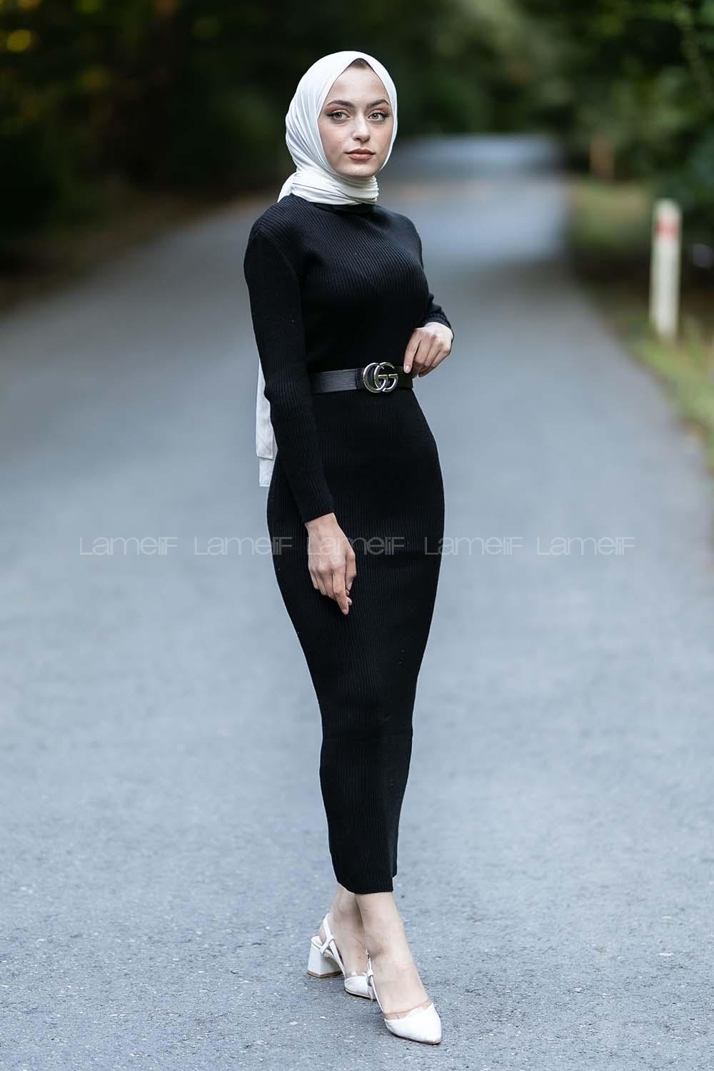 Modalamelif Fitilli Boğazlı Triko Elbise Siyah