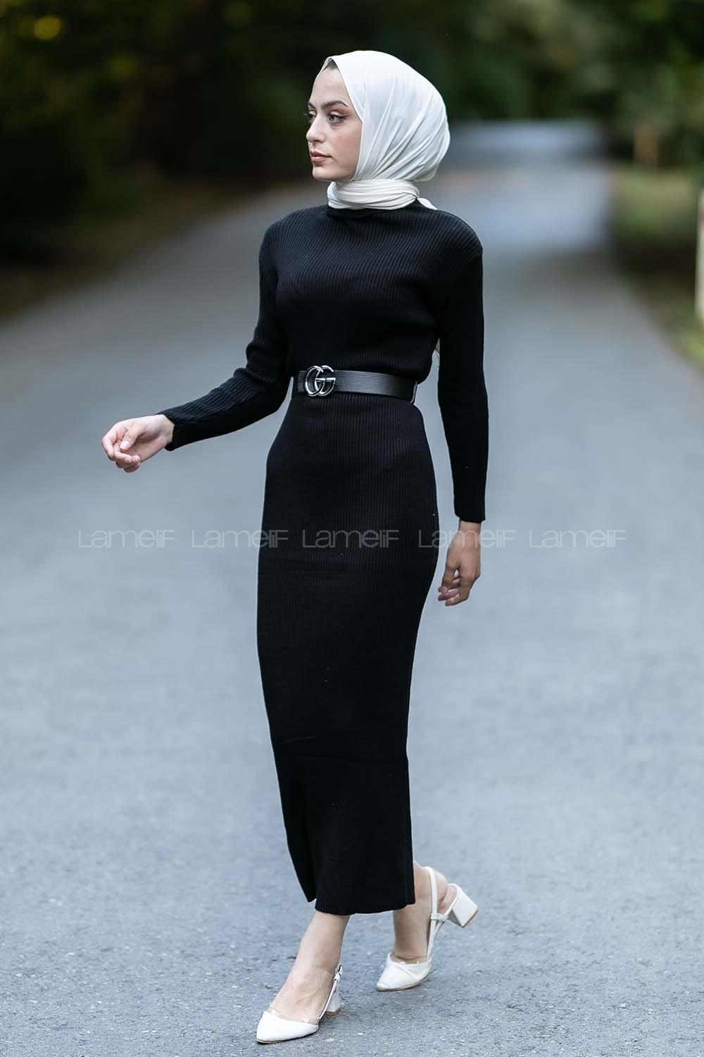 Modalamelif Fitilli Boğazlı Triko Elbise Siyah