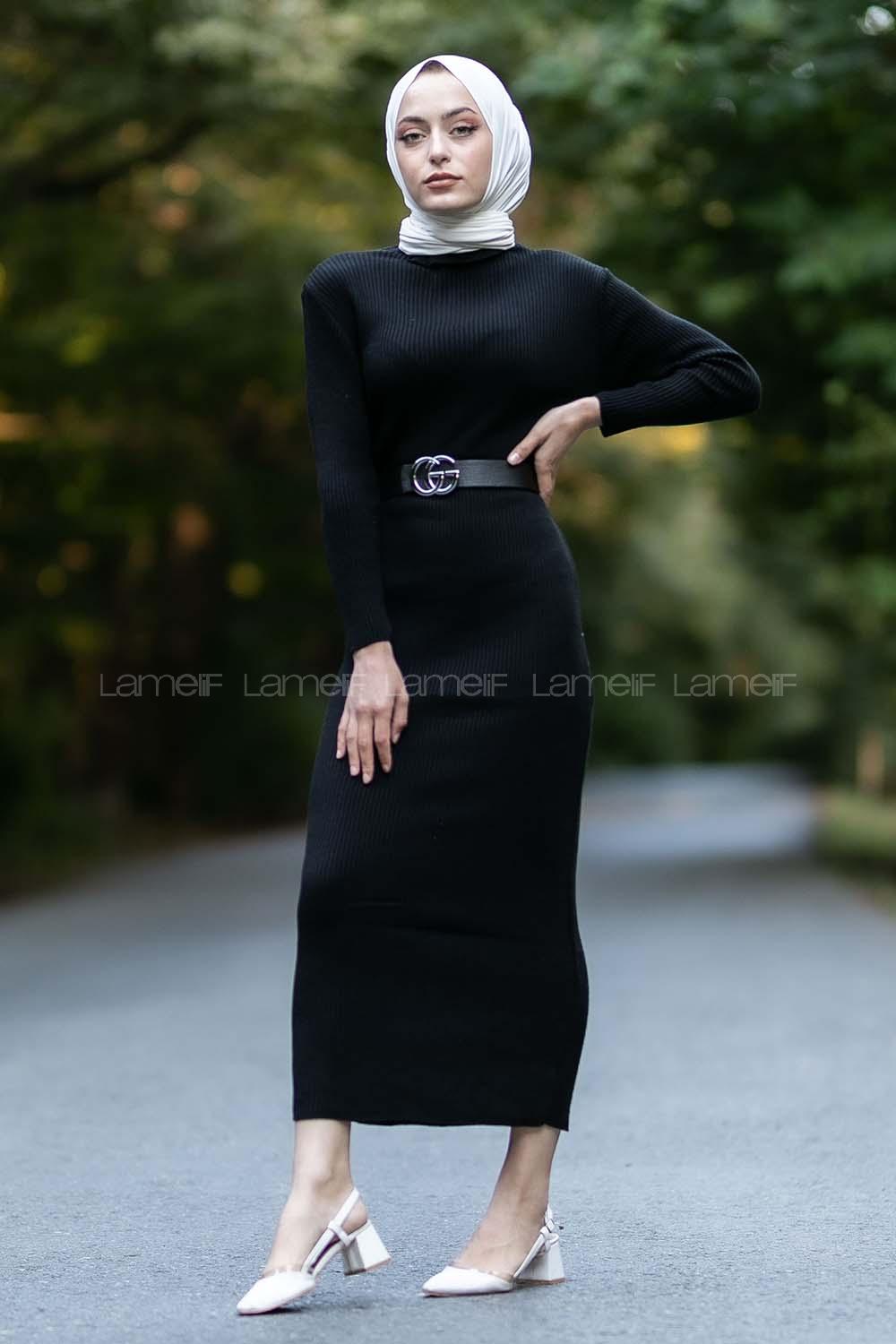 Modalamelif Fitilli Boğazlı Triko Elbise Siyah