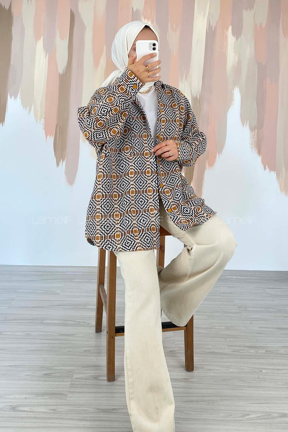 Modalamelif Kilim Desen Tek Cepli Önü Boydan Düğmeli Ceket Camel