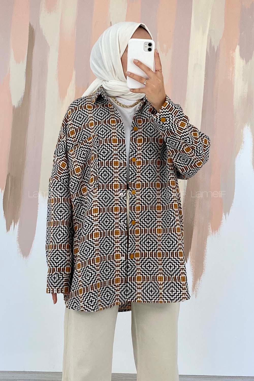 Modalamelif Kilim Desen Tek Cepli Önü Boydan Düğmeli Ceket Camel