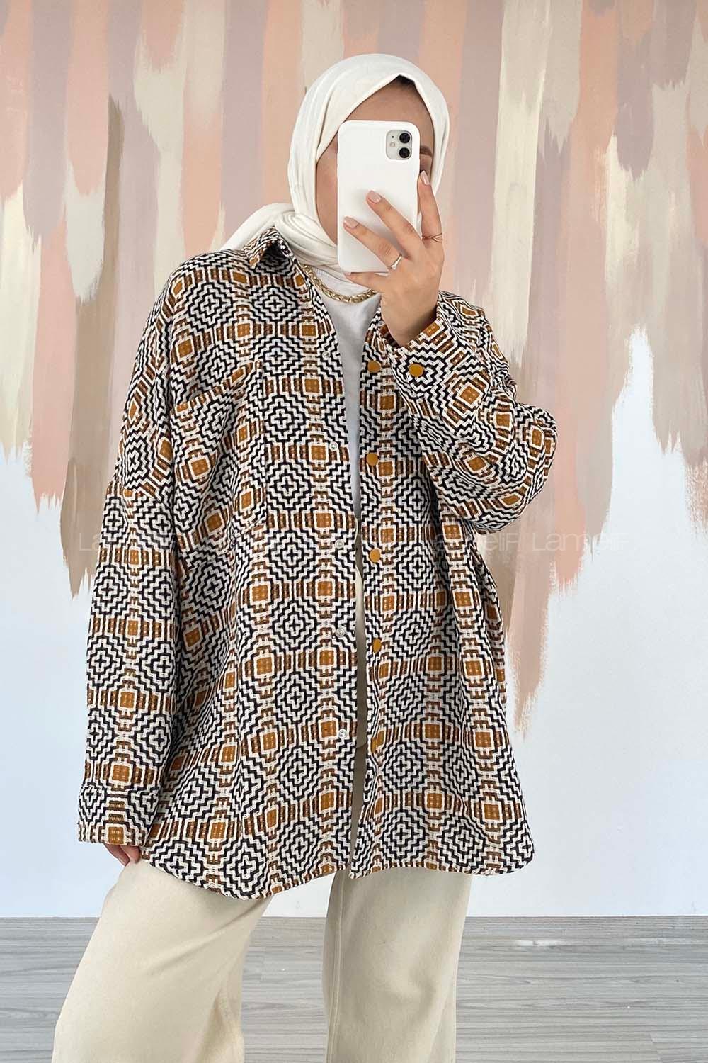 Modalamelif Kilim Desen Tek Cepli Önü Boydan Düğmeli Ceket Camel