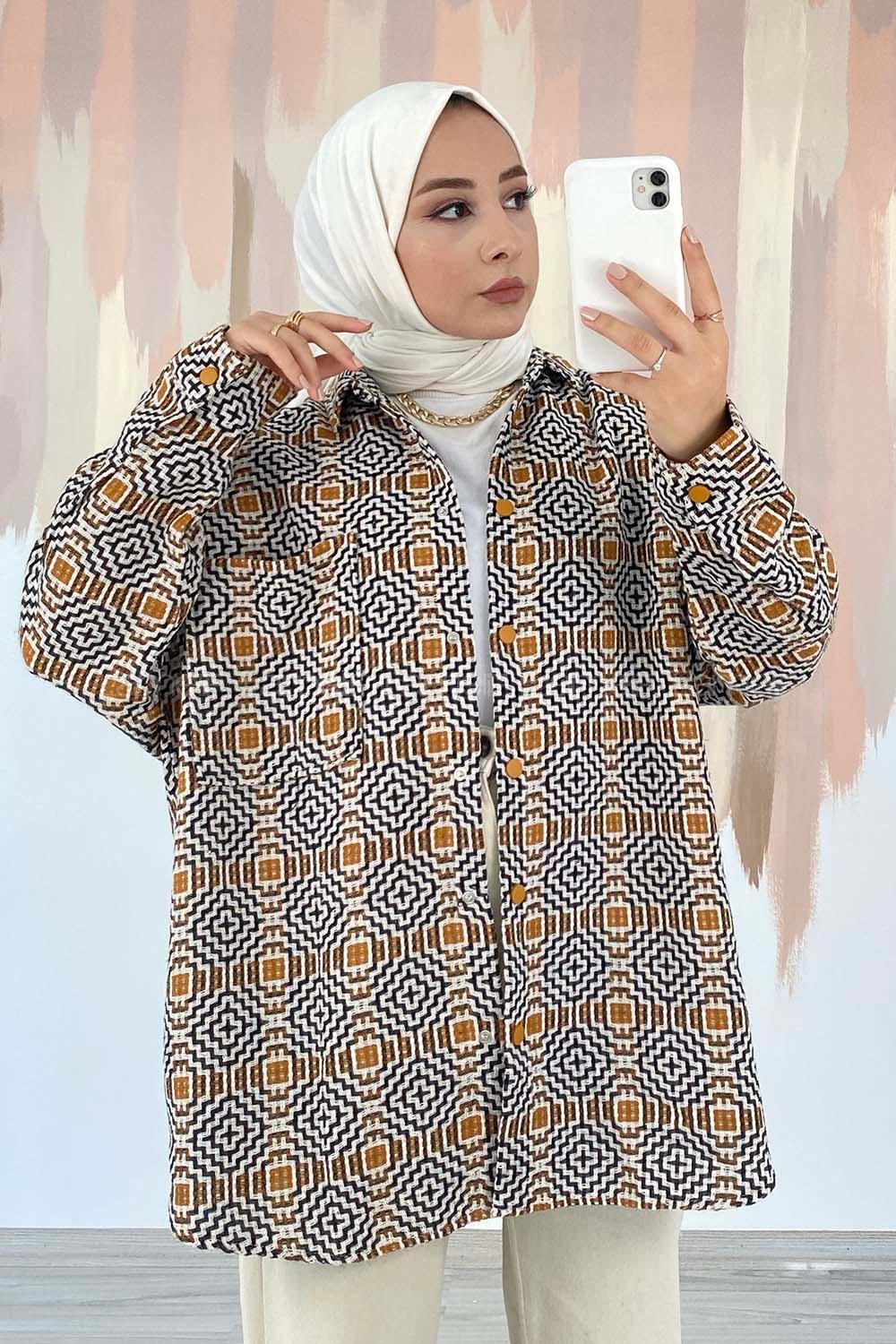 Modalamelif Kilim Desen Tek Cepli Önü Boydan Düğmeli Ceket Camel