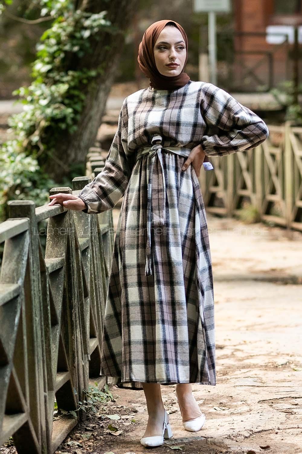 Modalamelif Oduncu Ekose Mevlana Model Elbise Bej