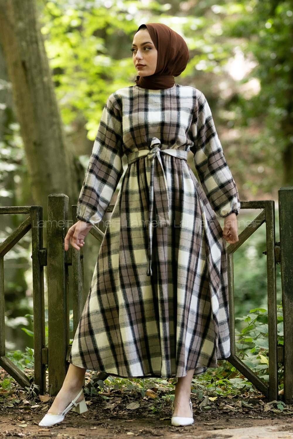 Modalamelif Oduncu Ekose Mevlana Model Elbise Bej