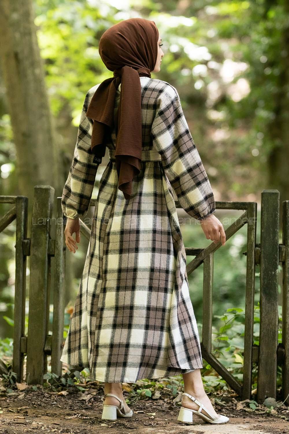 Modalamelif Oduncu Ekose Mevlana Model Elbise Bej