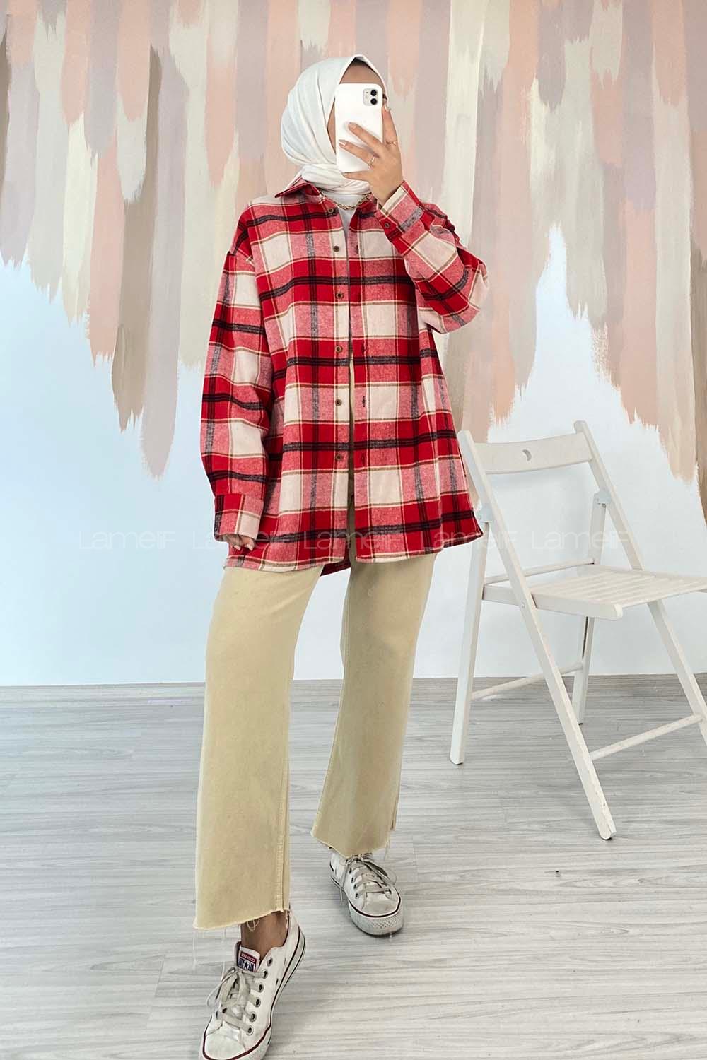 Modalamelif Önü Boydan Düğmeli Büyük Kareli Oduncu Gömlek Kırmızı