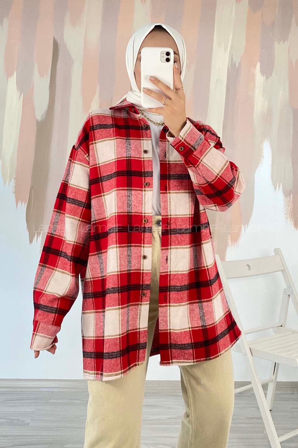 Modalamelif Önü Boydan Düğmeli Büyük Kareli Oduncu Gömlek Kırmızı