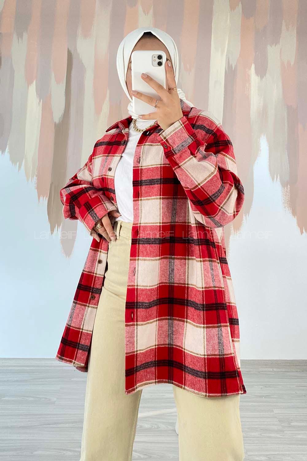 Modalamelif Önü Boydan Düğmeli Büyük Kareli Oduncu Gömlek Kırmızı