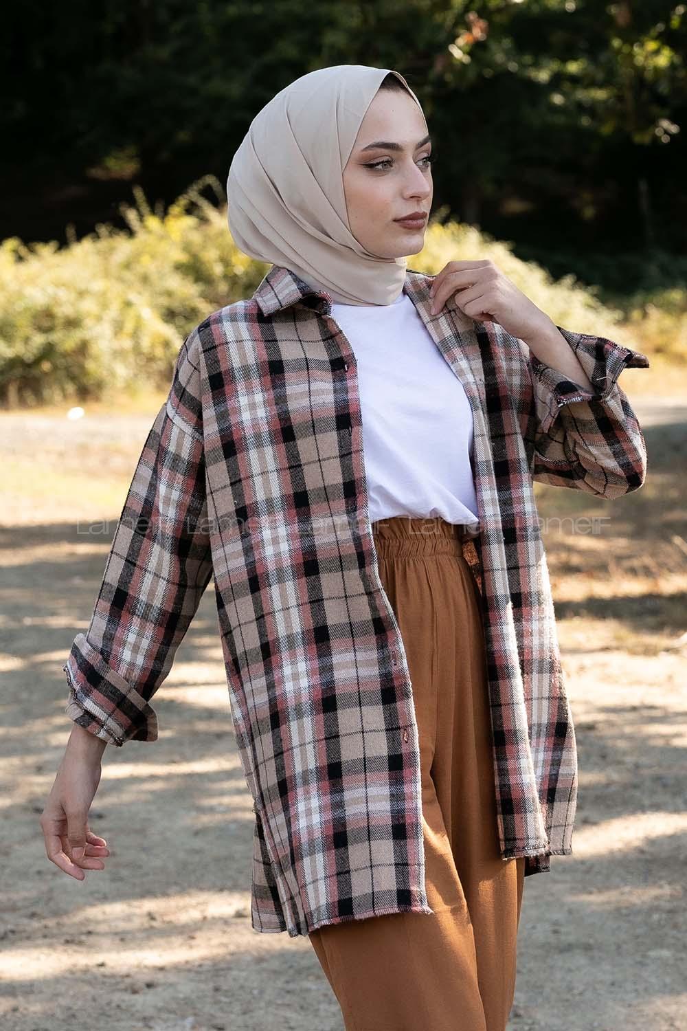 Modalamelif  Önü Boydan Düğmeli Oduncu Ekose Gömlek Camel