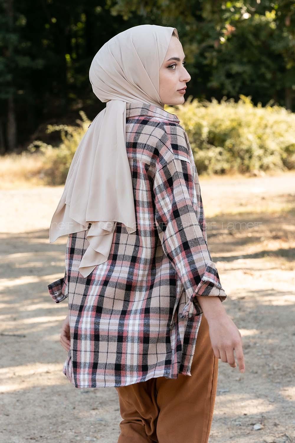 Modalamelif  Önü Boydan Düğmeli Oduncu Ekose Gömlek Camel