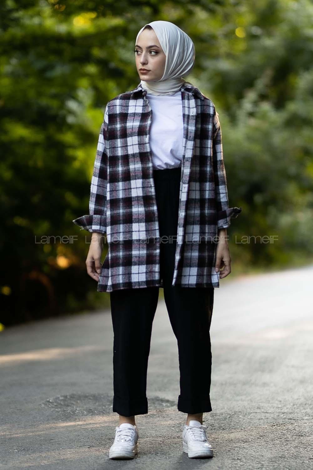 Modalamelif  Önü Boydan Düğmeli Oduncu Ekose Gömlek Gri-Bordo