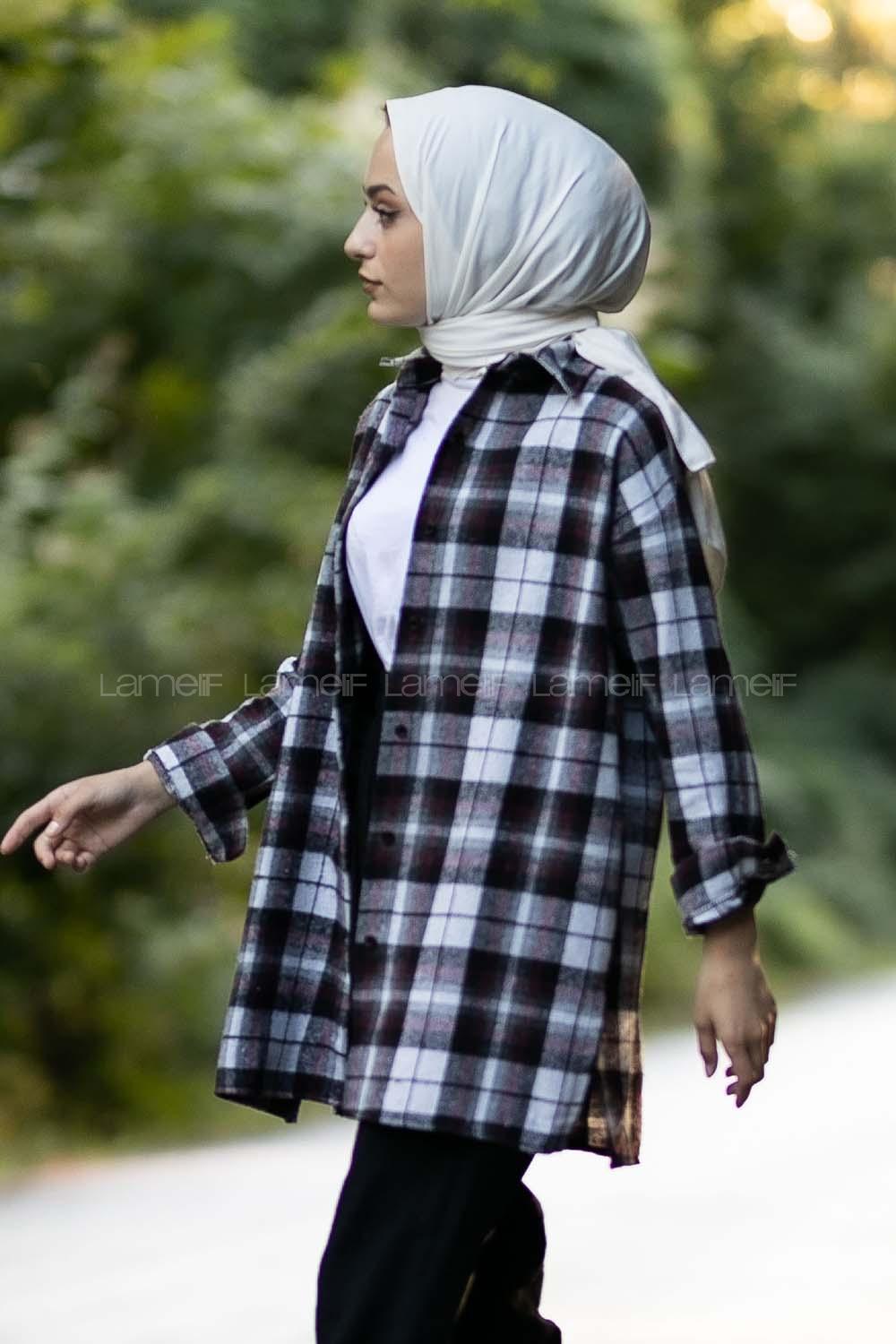 Modalamelif  Önü Boydan Düğmeli Oduncu Ekose Gömlek Gri-Bordo