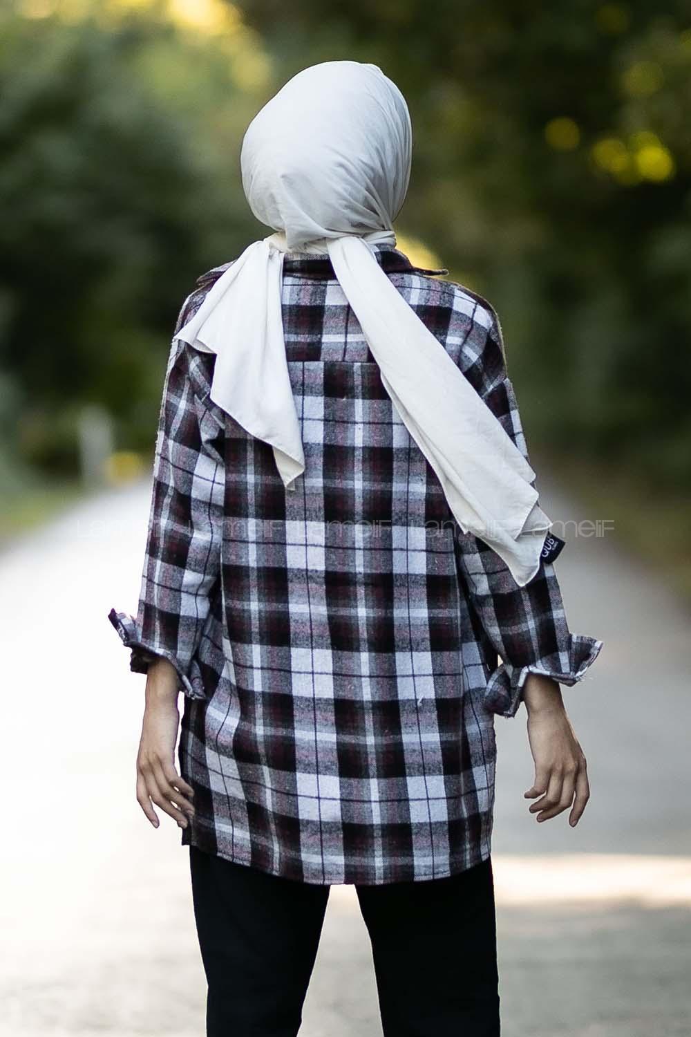 Modalamelif  Önü Boydan Düğmeli Oduncu Ekose Gömlek Gri-Bordo