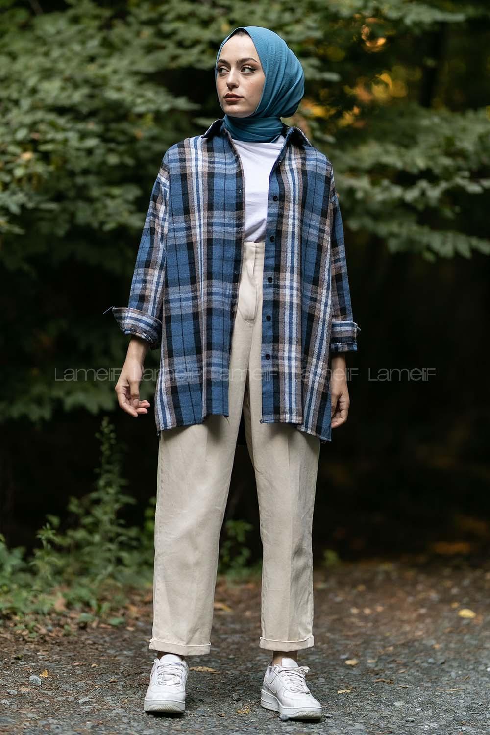 Modalamelif Önü Boydan Düğmeli Oduncu Ekose Gömlek İndigo